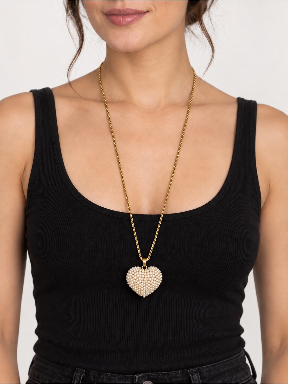 Vintage Betsey Johnson Pearl Heart Pendant Gold Tone Long Necklace Signed